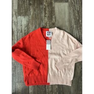 XOKR KERRI ROSENTHAL Womens Colorblock Sweater Size XS Pink Knit $248 Heart